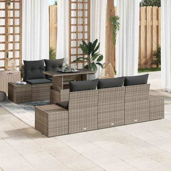 ARDEBO.de - Garten Sofa Set 6 Teile Grau Rattan, Polyesterfaser, Stahl