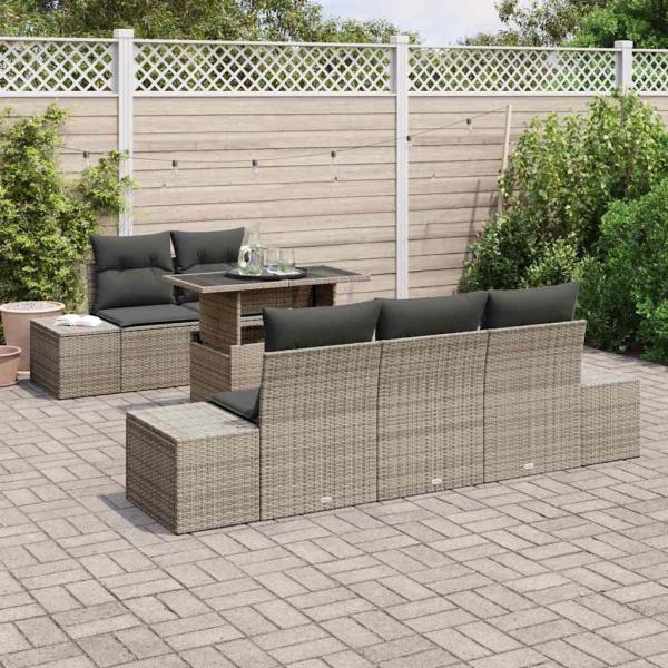 Garten Sofa Set 6 Teile Grau Rattan, Polyesterfaser, Stahl