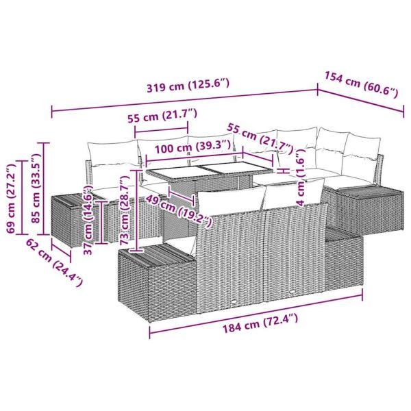 Garten-Sofa-Set Set aus 9 Beige Rattan, Polyester Garten-Sofa-Set