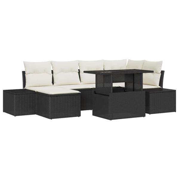 Garten Sofa Set 7-teilig Beige, Schwarz Rattan, Polyesterkissen