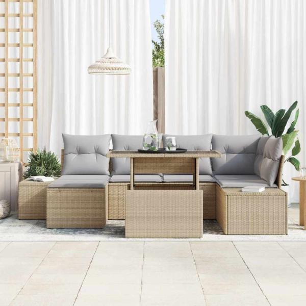 Garten-Sofa-Set 7-teilig Beige Rattan Garten-Ecksofa Rechteckig