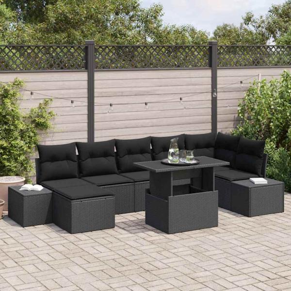 ARDEBO.de - Garten-Sofa-Set 8 teilig Schwarz Rattan, Polyesterkissen