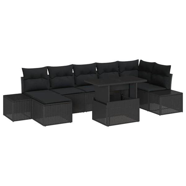 Garten-Sofa-Set 8 teilig Schwarz Rattan, Polyesterkissen