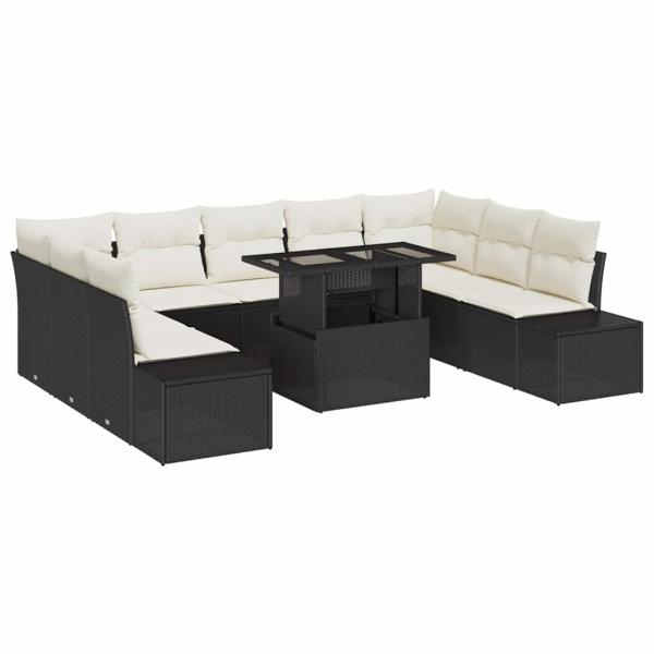 Garten-Sofa-Set 10-teilig Schwarz und Creme Rattan, Stoff, Schaum