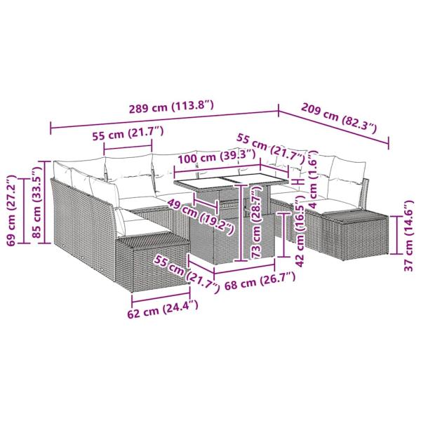 Garten-Sofa-Set 10-teilig Schwarz und Creme Rattan, Stoff, Schaum