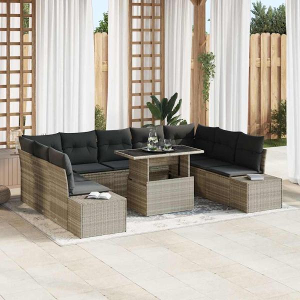 ARDEBO.de - Garten-Sofa-Set 10-teilig Beige und Dunkelgrau Rattan und Polyester