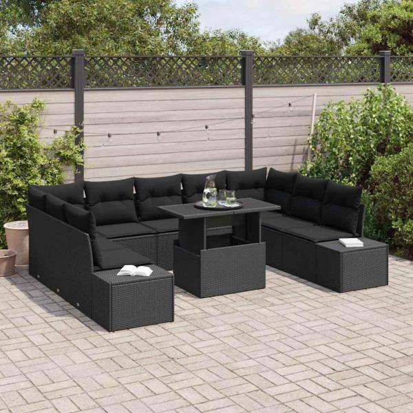 Garten Sofa Set 10 Teile Schwarz Rattan, Stoff Garten Sofa Set