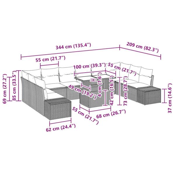 Garten-Sofa-Set Set aus 11 Schwarz Rattan