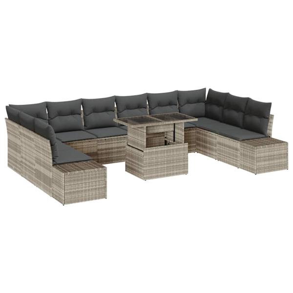 Garten Sofa Set 11-teilig Grau, Hellbraun Rattan, Stoff, Glas
