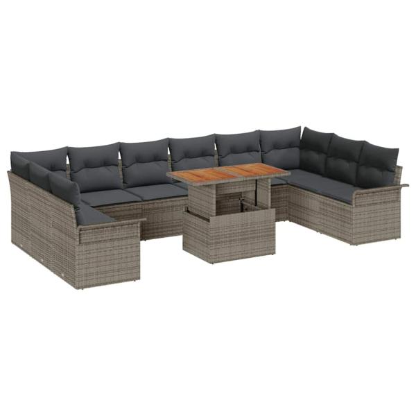 11-teiliges Garten-Sofa-Set Grau, Schwarz Rattan, Polyester