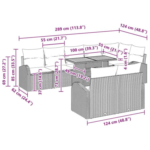 Gartensofa Set 9-teilig Grau und Braun Rattan Gartentische