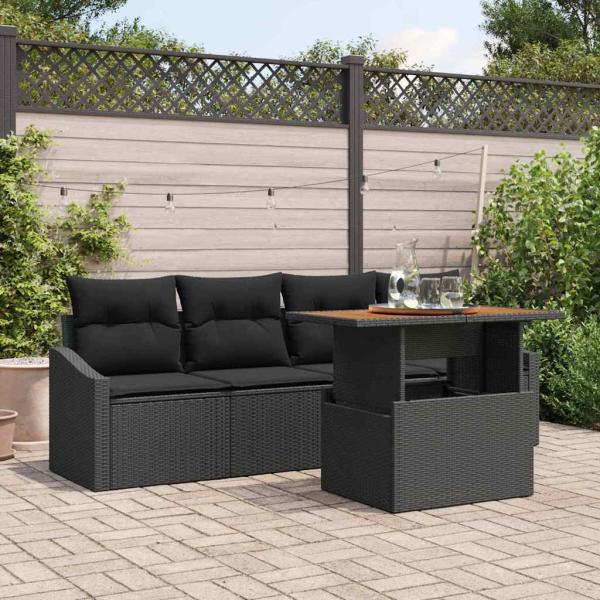 ARDEBO.de - Garten-Sofa-Set Set von 5 Schwarz Rattan, Polyester Outdoortisch
