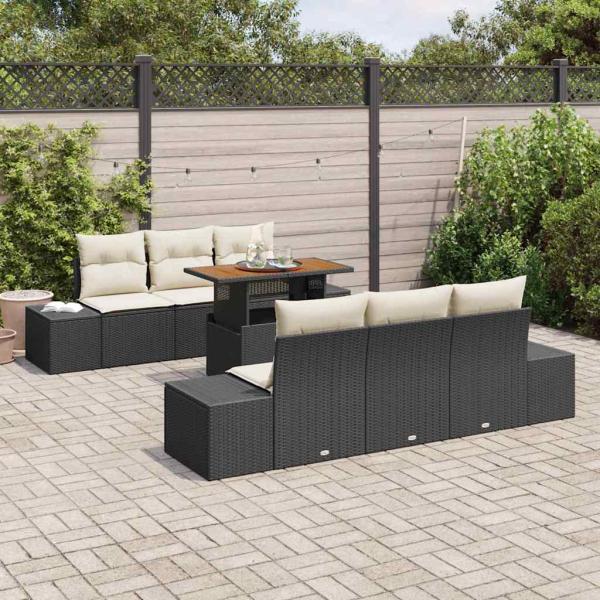 Garten Sofa Set 7 Teile Beige und Schwarz Rattan und Polyester