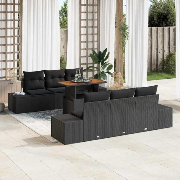 ARDEBO.de - Garten-Sofa-Set 7-teilig Schwarz Rattan Gartentisch Rechteckig