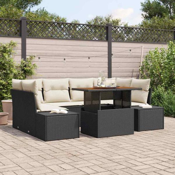 ARDEBO.de - Garten Sofa Set Set aus 7 Beige und Schwarz Rattan, Stoff