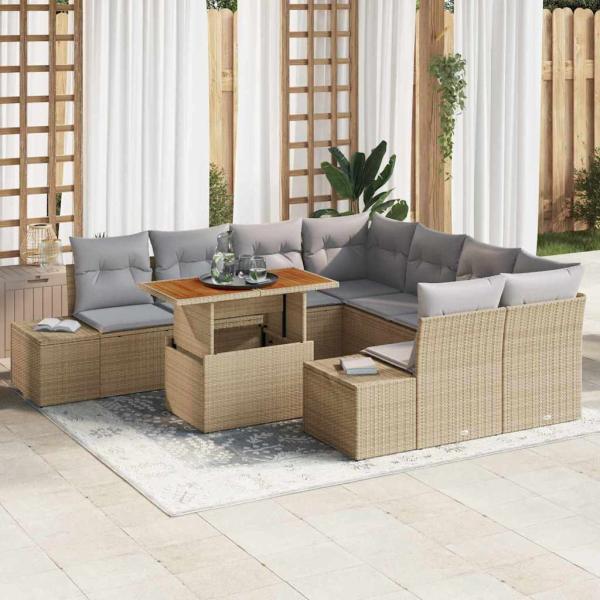 ARDEBO.de - Garten Sofa Set 9-teilig Beige mit grauen Kissen