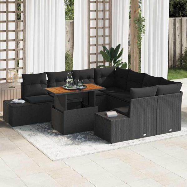 ARDEBO.de - Garten-Sofa-Set 9-teilig Schwarz Rattan, Stoff