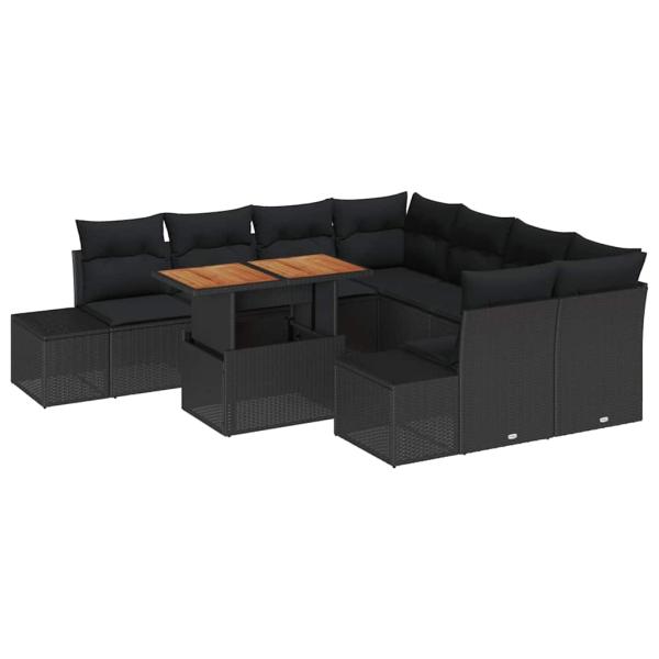 Garten-Sofa-Set 9-teilig Schwarz Rattan, Stoff
