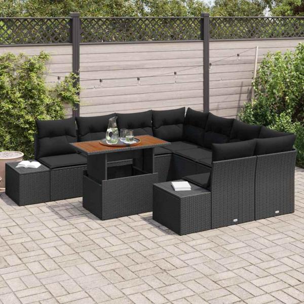 Garten-Sofa-Set 9-teilig Schwarz Rattan, Stoff