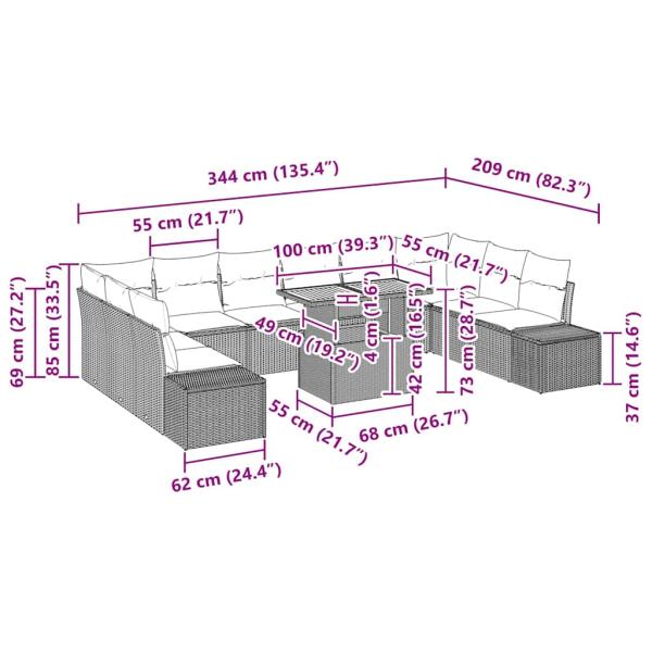 Gartensofa-Set Set mit 11 Teilen Grau, Dunkelgrau Rattan, Polyester