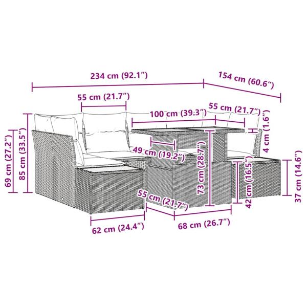 Garten Sofa Set Set von 6 Grau Rattan Outdoor Esstisch Set