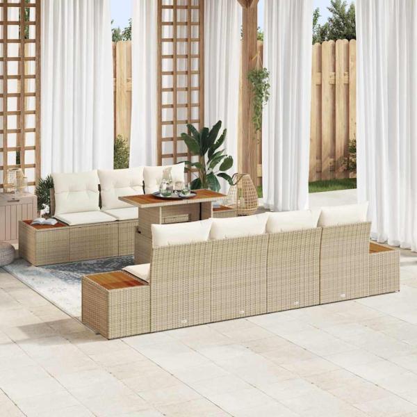 ARDEBO.de - Garten-Sofa-Set 8 Teile Beige und Weiß Rattan, Polyester