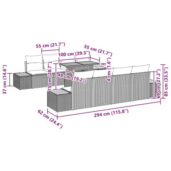 Garten Sofa Set 9-teilig Schwarz Rattan Gartenmöbel Rechteckig