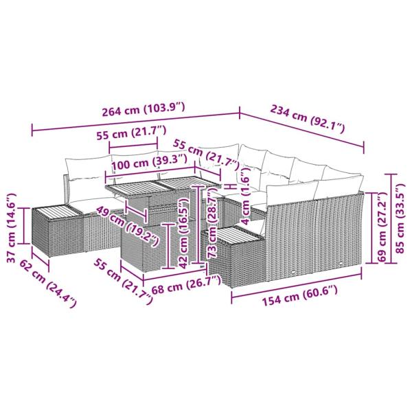 Garten-Sofa-Set Set aus 9 Grau Rattan und Holz Garten-Sofa-Set