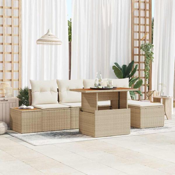 ARDEBO.de - Garten-Sofa-Set 6 Teile Beige, Creme Poly-Rattan, Polyester-Kissen