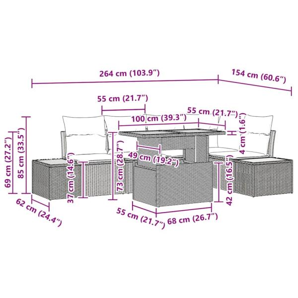 Garten Sofa-Set Set aus 6 Schwarz, Creme Rattan, Polyester