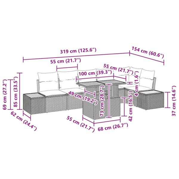 Garten Sofa Set 7-teilig Beige Rattan, Holz, Polyester