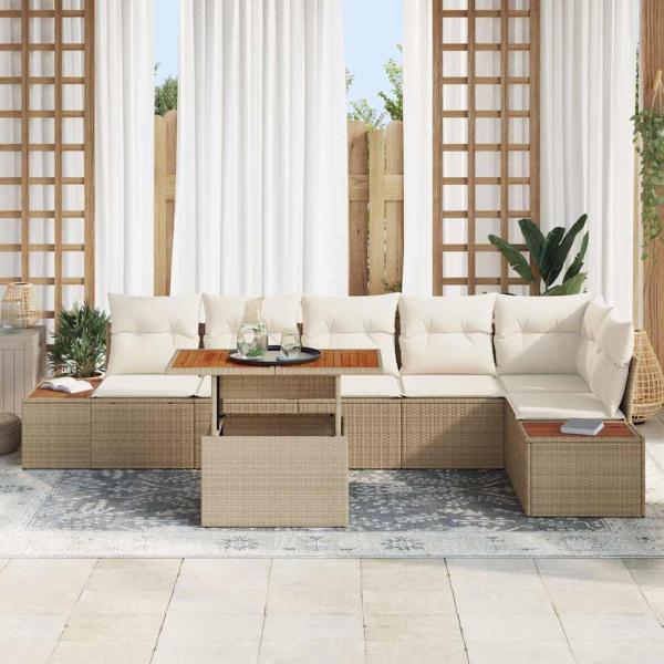 Garten Sofa Set 7-teilig Beige Rattan, Holz, Polyester
