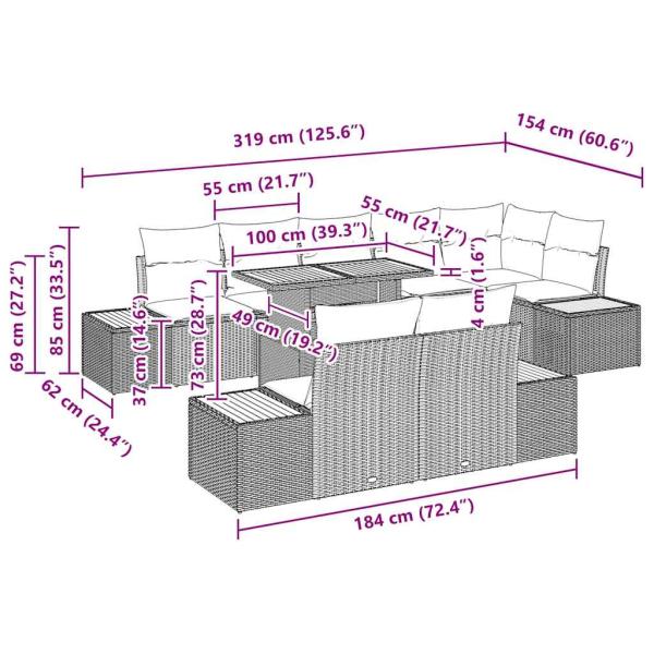 Garten Sofa Set Set von 9 Beige, Grau Rattan, Polyester