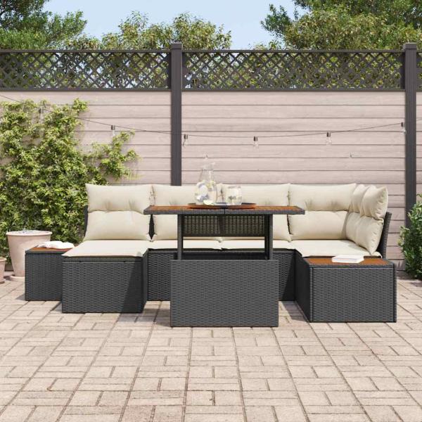 Garten-Sofa Set 7 Teile Beige, Schwarz Polyester, PE Rattan, Stahl