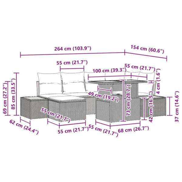 Garten-Sofa-Set Set aus 7 Grau Rattan Garten-Ecksofa Rechteckig