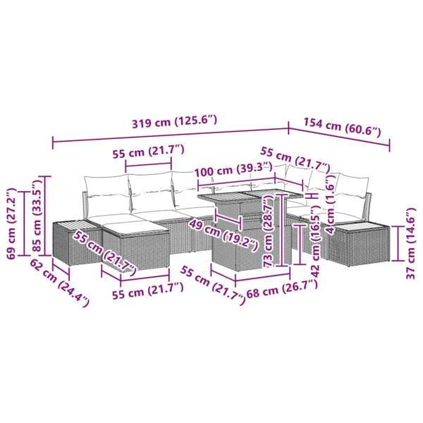 Garten-Sofa-Set 9-teilig Beige, Grau Rattan, Polyester, Schaum