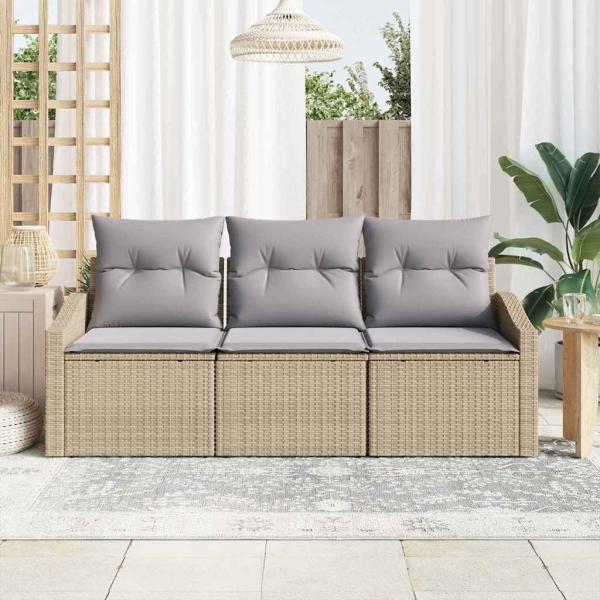 Garten-Sofa-Set 3-teilig Hellgrau, Beige Rattan, Polyesterkissen