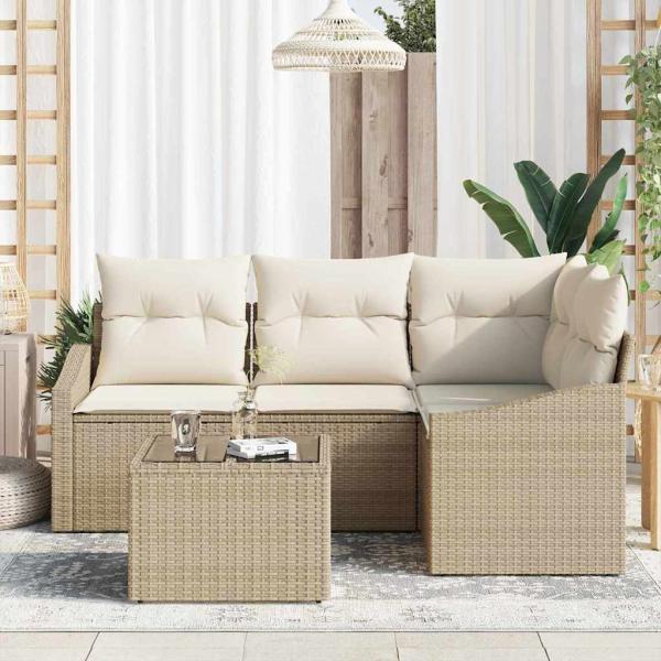ARDEBO.de - Garten Sofa Set Set von 5 Beige Rattan, Polyester, Schaum