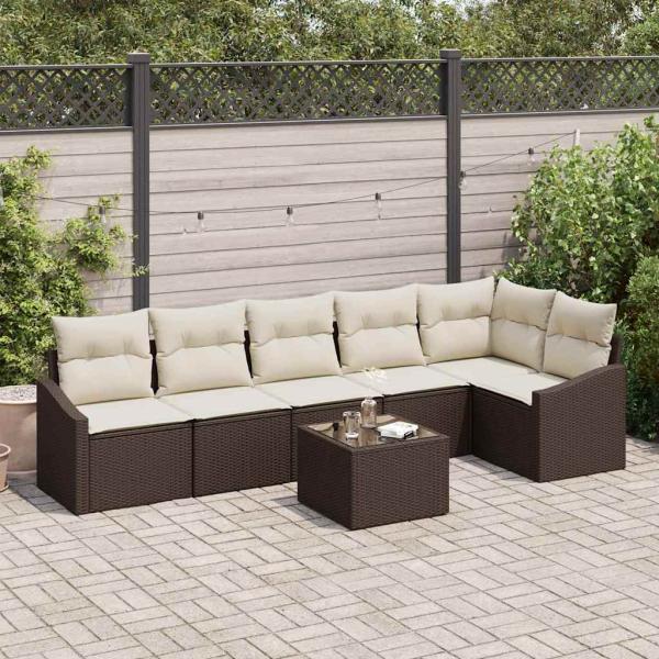 ARDEBO.de - Garten-Sofa-Set 7-teilig Braun, Creme Rattan, Polyester
