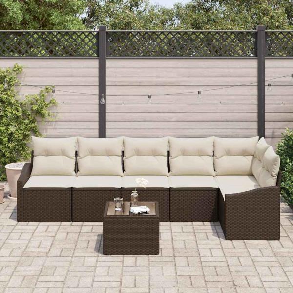 Garten-Sofa-Set 7-teilig Braun, Creme Rattan, Polyester