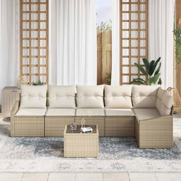 Garten Sofa Set Set von 7 Beige Poly Rattan, Stoff Outdoor Sofa