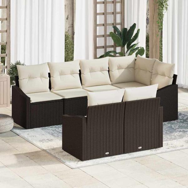 ARDEBO.de - Garten Sofa Set Set von 7 Brauner Rahmen, Beigefarbene Kissen