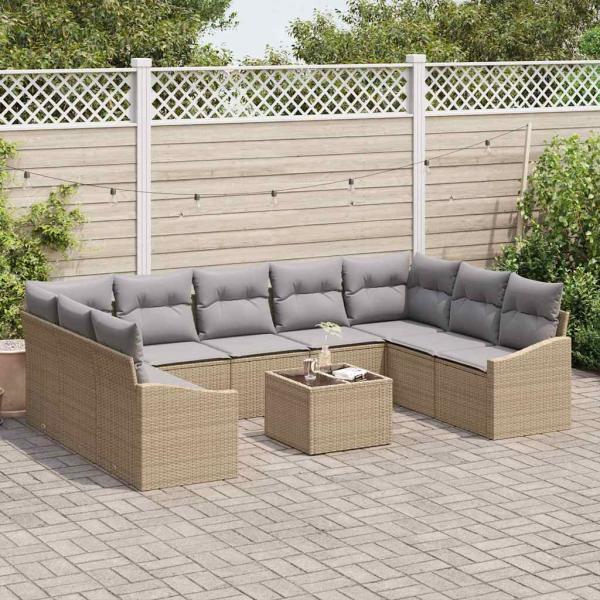Garten Sofa Set 10-teilig Beige,Grau Poly-Rattan, Stoff