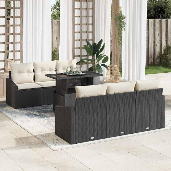 ARDEBO.de - Garten Sofa Set 7-teilig Schwarz und Creme Rattan und Polyester