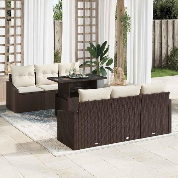 ARDEBO.de - Garten Sofa Set Set aus 7 Braun, Creme Rattan, Polyester