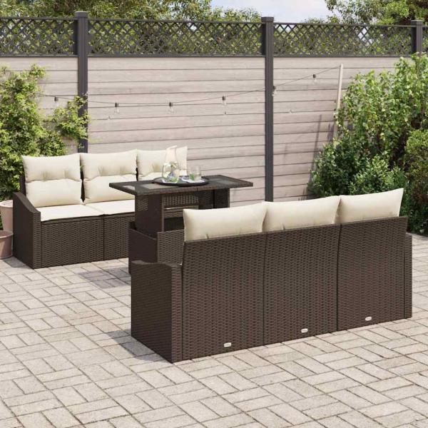 Garten Sofa Set Set aus 7 Braun, Creme Rattan, Polyester