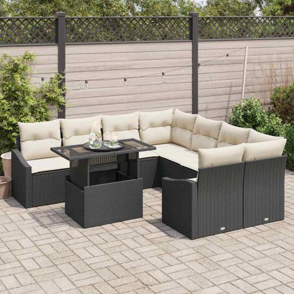 Garten-Sofa-Set 9-teilig Beige, Braun Rattan, Polyester, Stahl