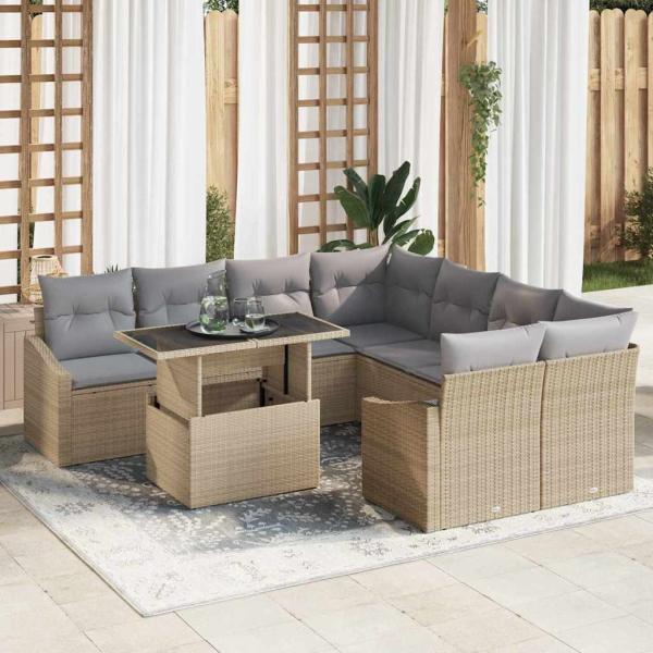 ARDEBO.de - Garten-Sofa-Set 9 Teile Hellbraun und Grau Rattan und Stoff
