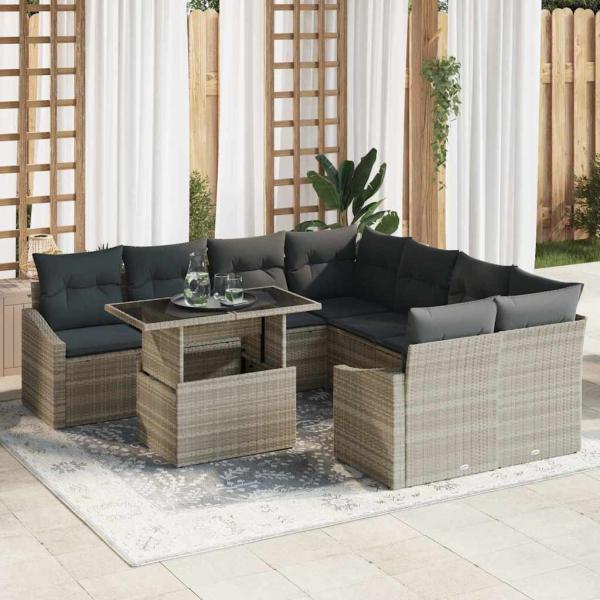 ARDEBO.de - Garten Sofa Set 9-teilig Beige Rattan, Glas, Stoff
