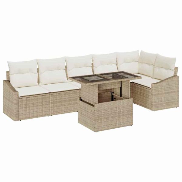 Garten Sofa Set Set aus 7 Beige Rattan, Polyester, Schaum